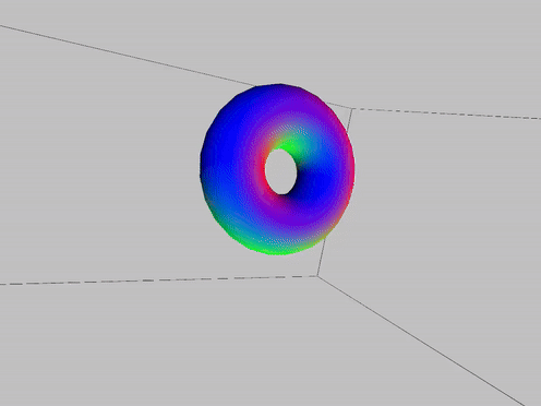 Using p5 code, a camera is moved around a 3D torus inside a boxed environment using key inputs from the MakeyMakey