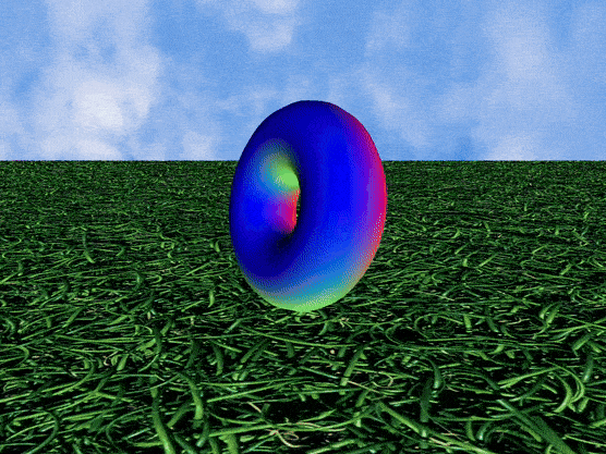 Using p5 code, a torus is viewed with a camera in a textured environment using key inputs from a MakeyMakey